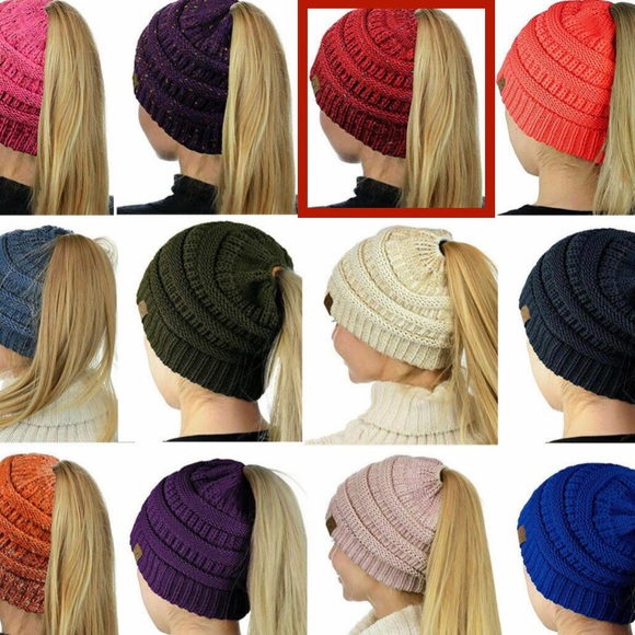 CC Hi Ponytail Beanie Soft Stretch Cable Knit Red NWOT - Picture 2 of 3